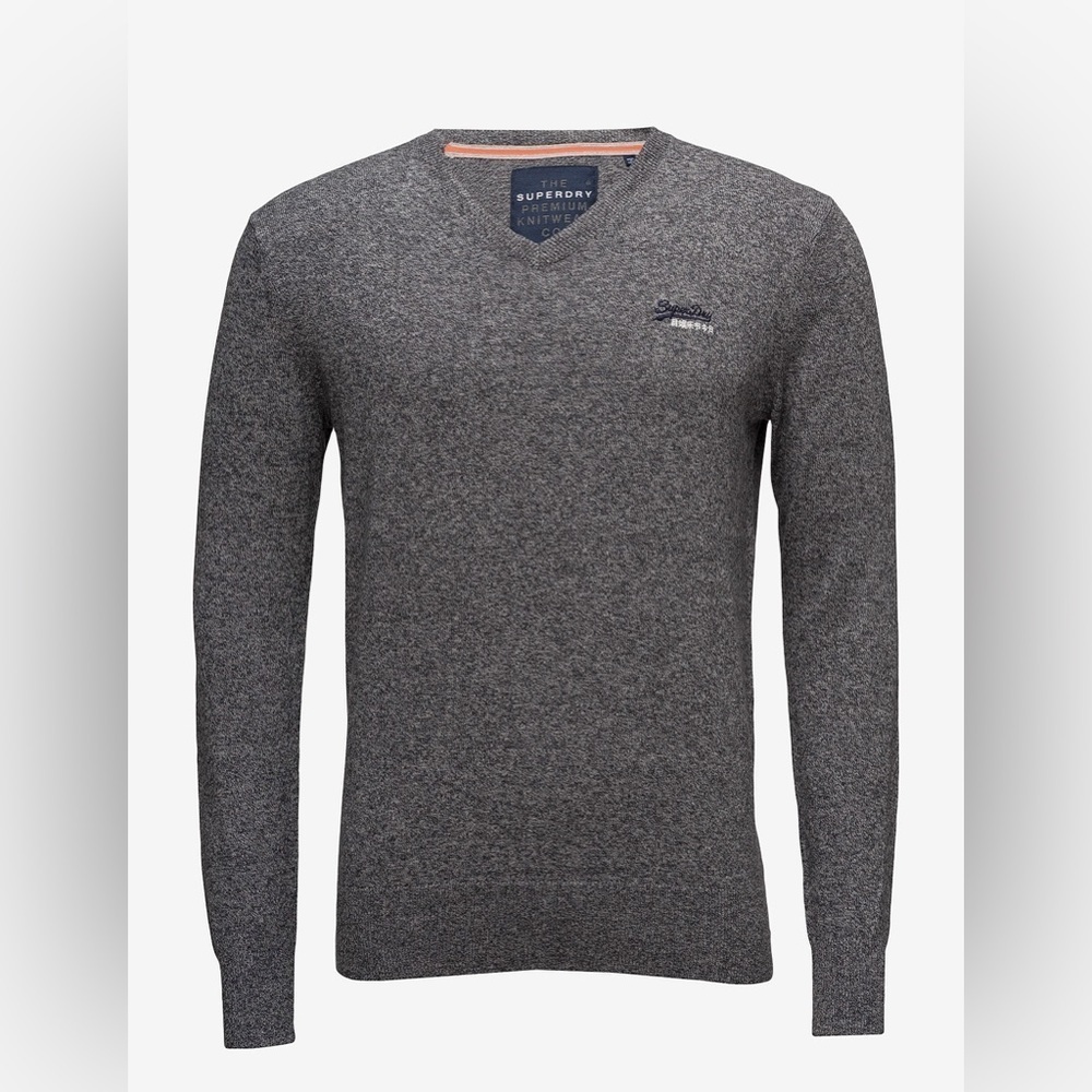 Superdry Men's V-Neck Sweater in Charcoal Gray with Orange Trim - Picture 12 of 12